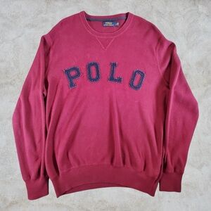 Polo by Ralph Lauren Sweater Mens Large Burgundy Red Arch Spellout Embroidered‎